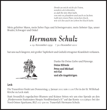 Traueranzeige von Hermann Schulz von Husumer Nachrichten