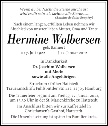 Traueranzeige von Hermine Wolbersen von Husumer Nachrichten