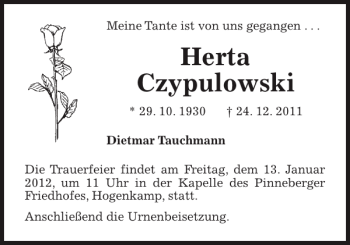 Traueranzeige von Herta Czypulowski von Pinneberger Tageblatt