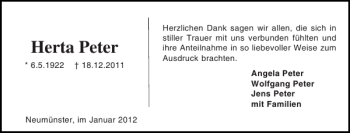 Traueranzeige von Herta Peter von Holsteinischer Courier