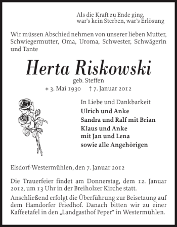 Traueranzeige von Herta Riskowski von Landeszeitung