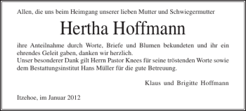 Traueranzeige von Hertha Hoffmann von Norddeutsche Rundschau