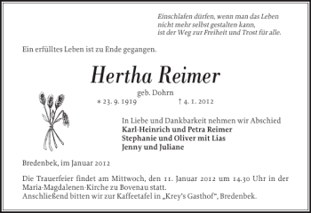 Traueranzeige von Hertha Reimer von Landeszeitung