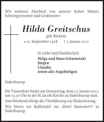Traueranzeige von Hilda Greitschus von Schleswiger Nachrichten