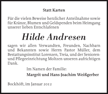 Traueranzeige von Hilde Andresen von Schleswiger Nachrichten