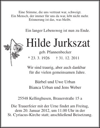 Traueranzeige von Hilde Jurkszat von Norddeutsche Rundschau