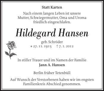 Traueranzeige von Hildegard Hansen von Husumer Nachrichten