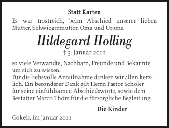 Traueranzeige von Hildegard Holling von Landeszeitung