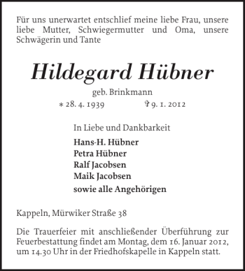 Traueranzeige von Hildegard Hübner von Schlei-Bote