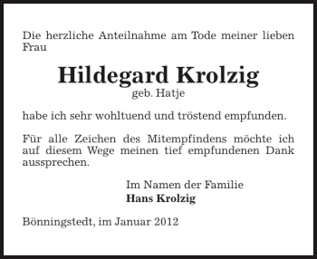 Traueranzeige von Hildegard Krolzig von Pinneberger Tageblatt