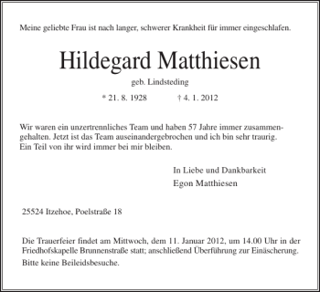 Traueranzeige von Hildegard Matthiesen von Norddeutsche Rundschau