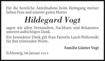 Traueranzeige von Hildegard Vogt von Schleswiger Nachrichten