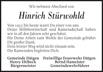 Traueranzeige von Hinrich Stürwohld von Landeszeitung