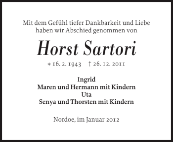 Traueranzeige von Horst Sartori von Norddeutsche Rundschau