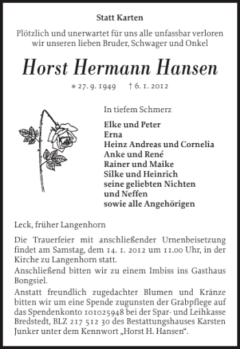 Traueranzeige von Horst Hermann Hansen von Husumer Nachrichten