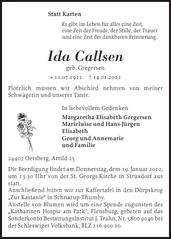 Traueranzeige von Ida Callsen von Flensburger Tageblatt