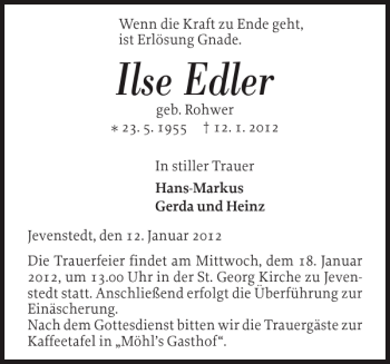 Traueranzeige von Ilse Edler von Landeszeitung