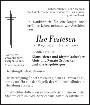 Traueranzeige von Ilse Festesen von Flensburger Tageblatt