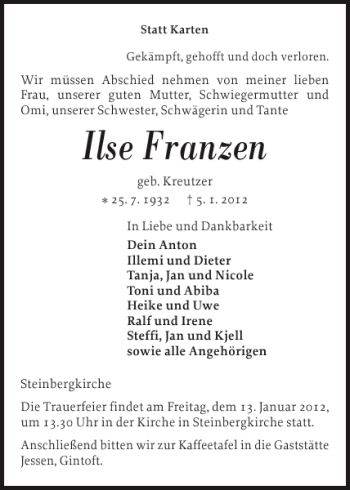 Traueranzeige von Ilse Franzen von Flensburger Tageblatt