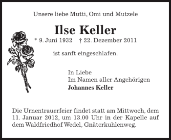 Traueranzeige von Ilse Keller von Pinneberger Tageblatt