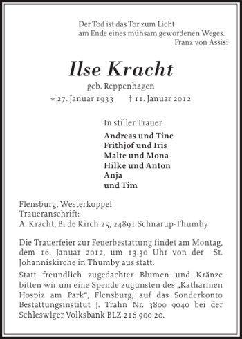 Traueranzeige von Ilse Kracht von Flensburger Tageblatt