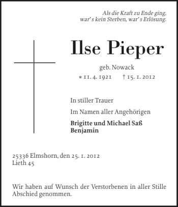 Traueranzeige von Ilse Pieper von Elmshorner Nachrichten