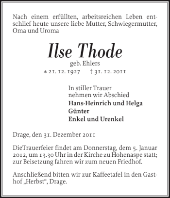 Traueranzeige von Ilse Thode von Norddeutsche Rundschau