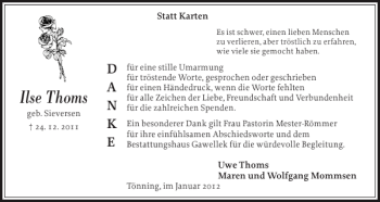 Traueranzeige von Ilse Thoms von Husumer Nachrichten
