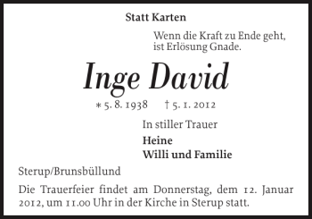Traueranzeige von Inge David von Flensburger Tageblatt