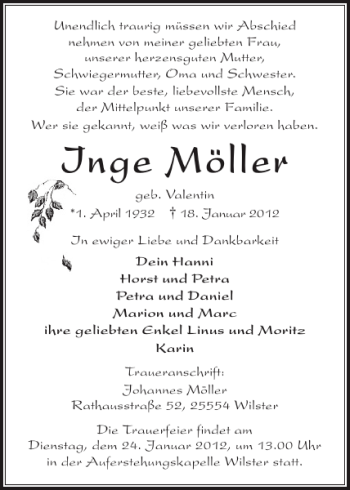 Traueranzeige von Inge Möller von Norddeutsche Rundschau