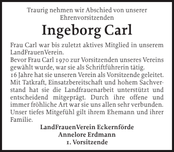 Traueranzeige von Ingeborg Carl von Eckernförder Zeitung