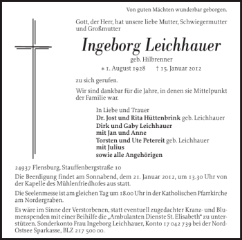 Traueranzeige von Ingeborg Leichhauer von Flensburger Tageblatt