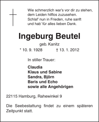 Traueranzeige von Ingeburg Beutel von Der Insel-Bote