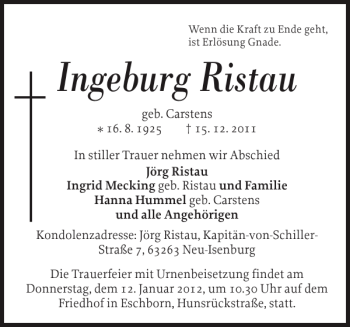 Traueranzeige von Ingeburg Ristau von Husumer Nachrichten