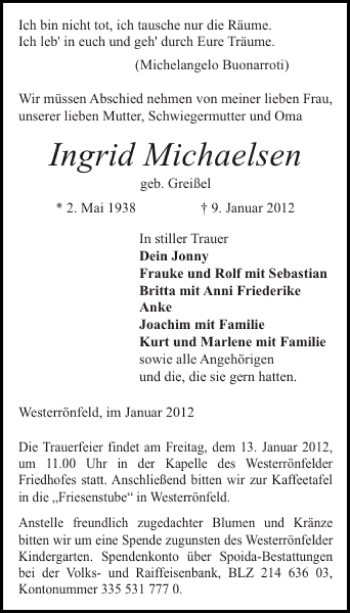 Traueranzeige von Ingrid Michaelsen von Landeszeitung