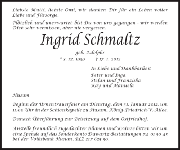 Traueranzeige von Ingrid Schmaltz von Husumer Nachrichten