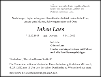 Traueranzeige von Inken Lass von Sylter Rundschau