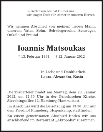Traueranzeige von Ioannis Matsoukas von Pinneberger Tageblatt