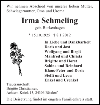 Traueranzeige von Irma Schmeling von Flensburger Tageblatt