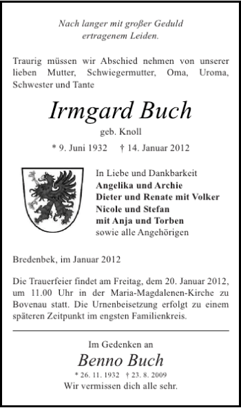 Traueranzeige von Irmgard Buch von Landeszeitung