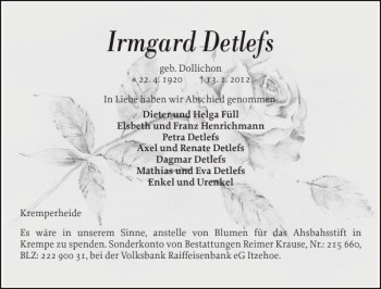 Traueranzeige von Irmgard Detlefs von Norddeutsche Rundschau