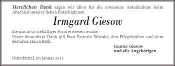 Traueranzeige von Irmgard Giesow von Norddeutsche Rundschau