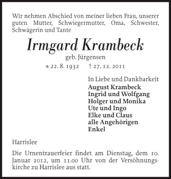 Traueranzeige von Irmgard Krambeck von Flensburger Tageblatt