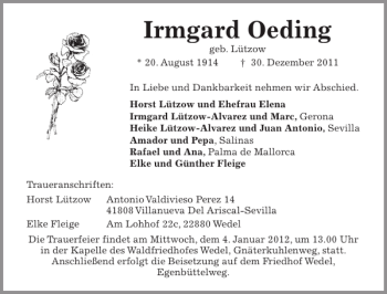 Traueranzeige von Irmgard Oeding von Pinneberger Tageblatt