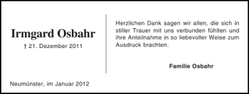 Traueranzeige von Irmgard Osbahr von Holsteinischer Courier