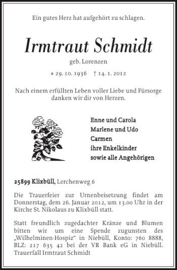 Traueranzeige von Irmtraut Schmidt von Nordfriesland Tageblatt