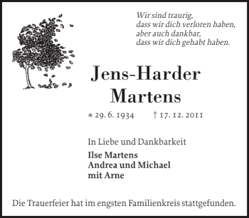 Traueranzeige von Jens-Harder Martens von Elmshorner Nachrichten