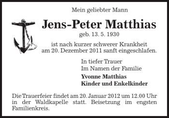 Traueranzeige von Jens-Peter Matthias von Pinneberger Tageblatt