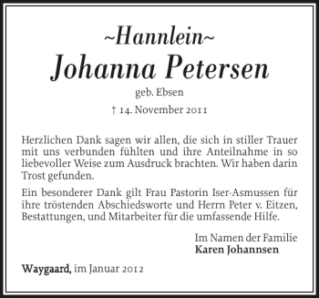 Traueranzeige von Johanna Petersen von Nordfriesland Tageblatt