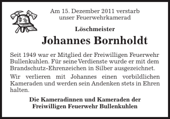 Traueranzeige von Johannes Bornholdt von Elmshorner Nachrichten